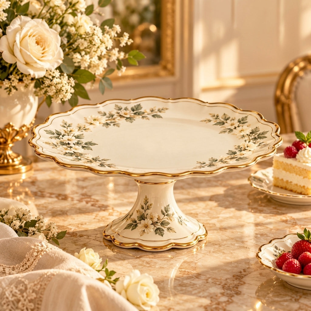 Botanical Gold-Rim Pedestal Cake Stand