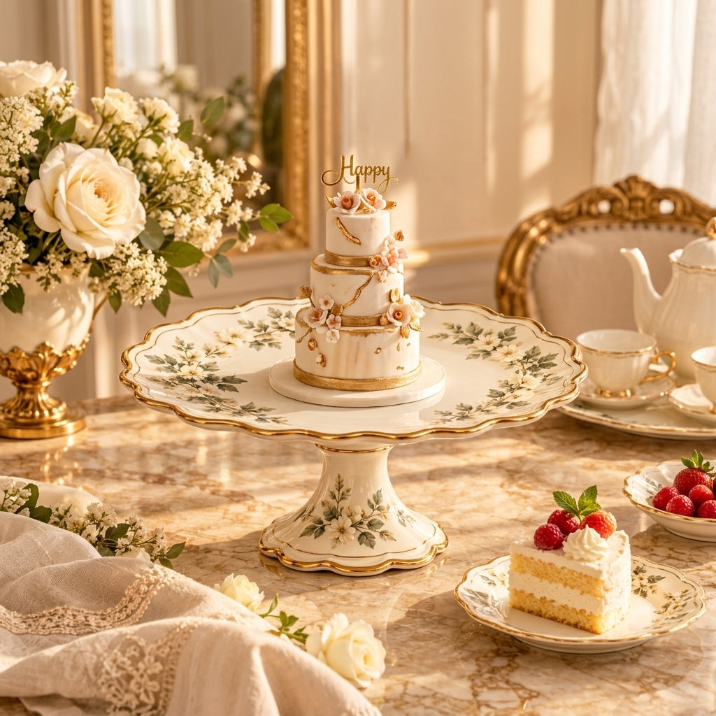 Botanical Gold-Rim Pedestal Cake Stand