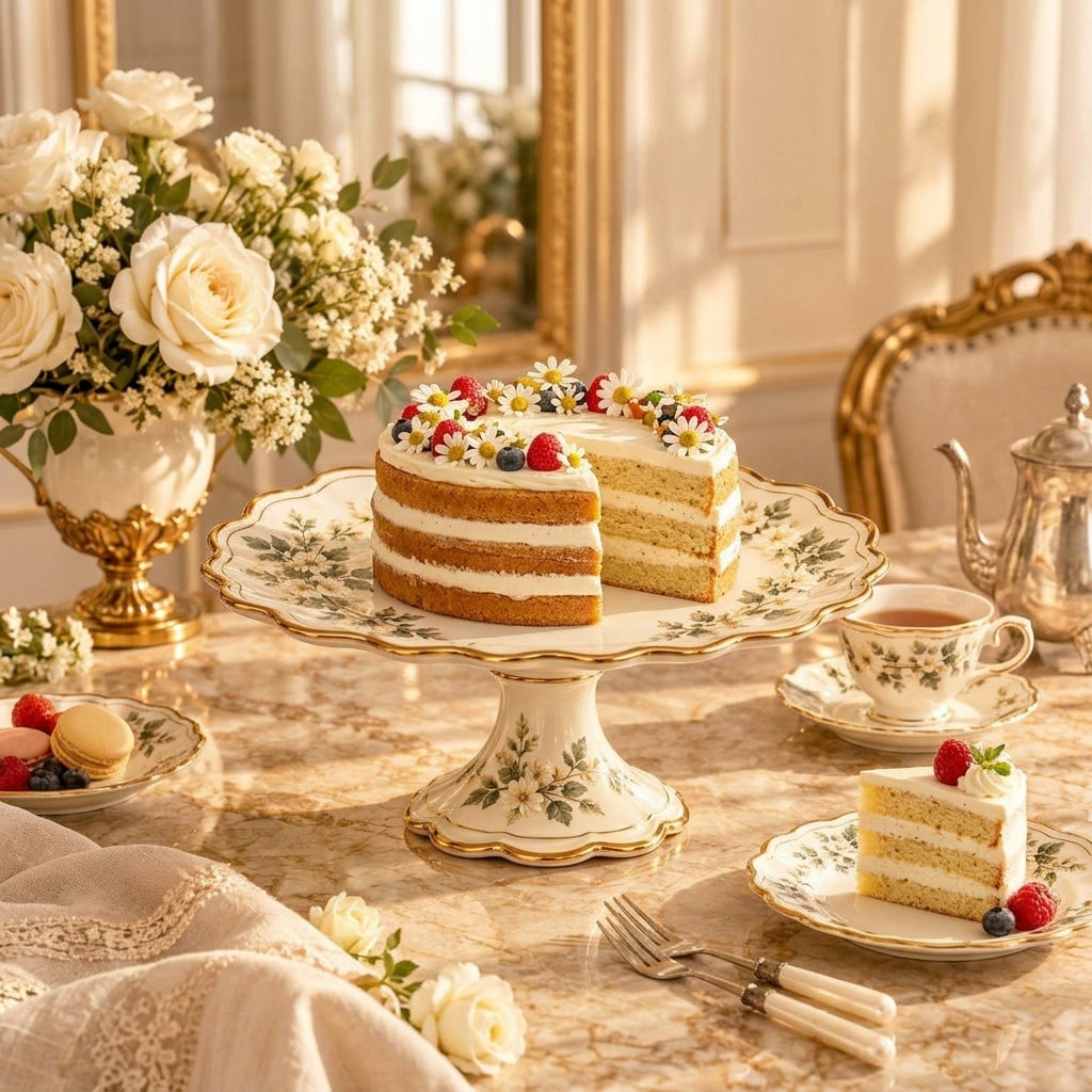 Botanical Gold-Rim Pedestal Cake Stand