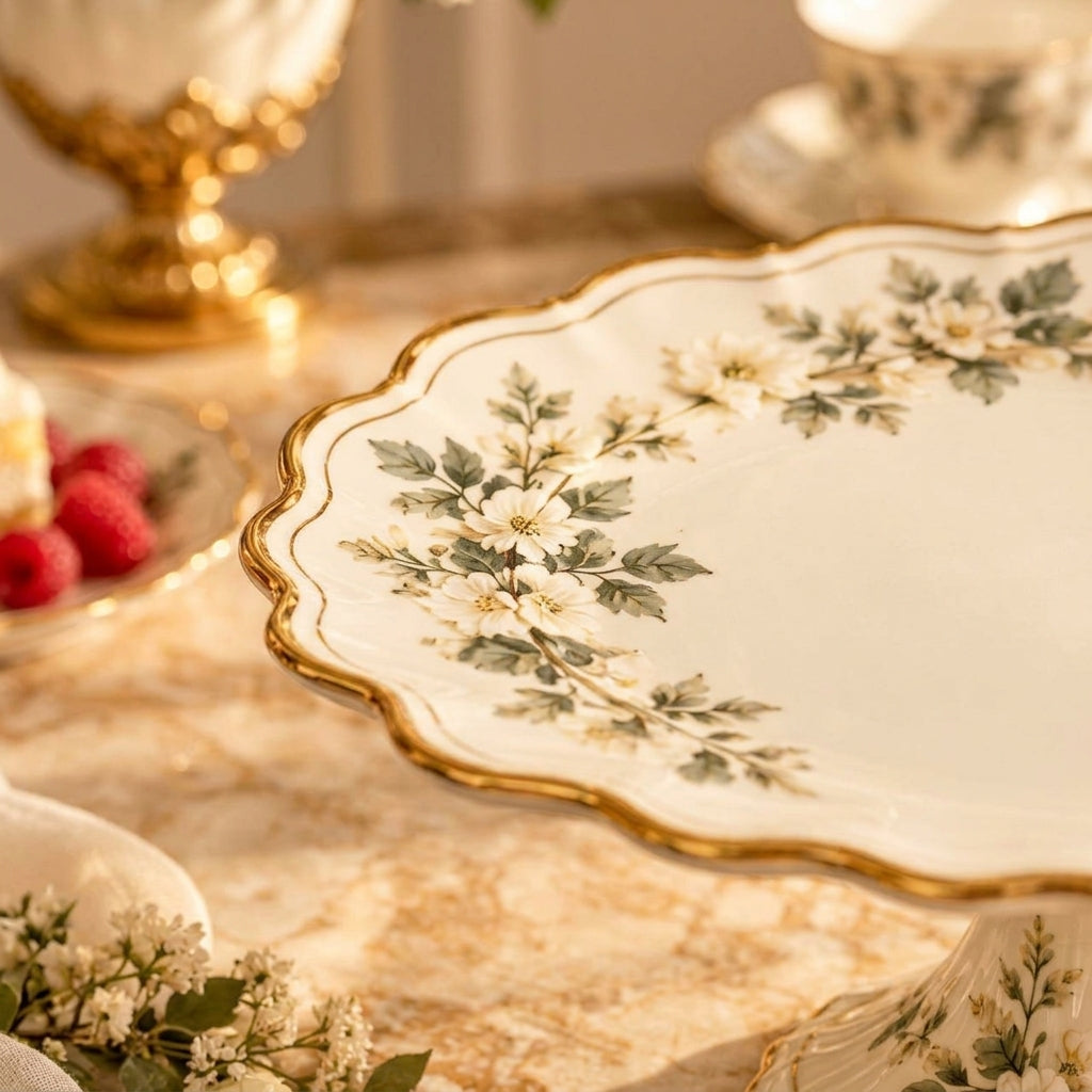 Botanical Gold-Rim Pedestal Cake Stand