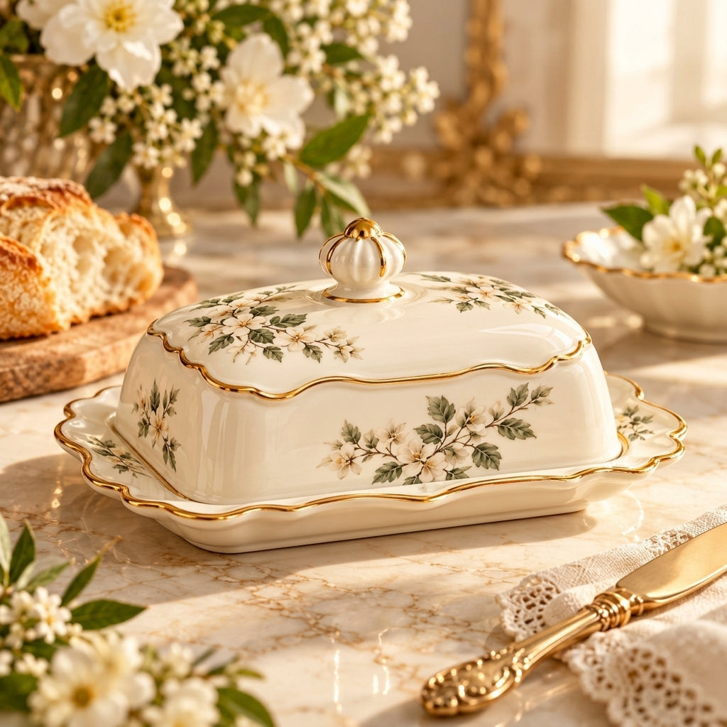 Botanical Gold-Rim Covered Butter Dish