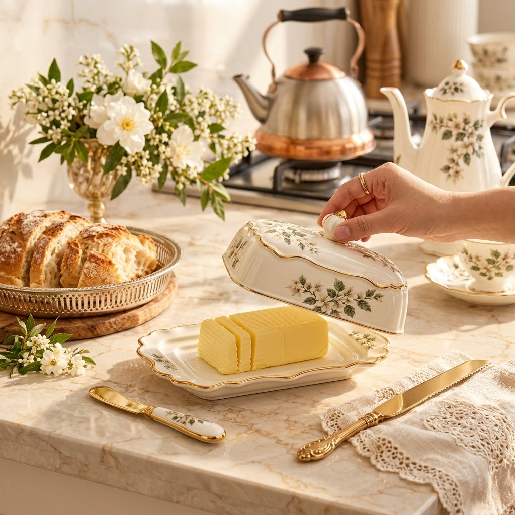 Botanical Gold-Rim Covered Butter Dish