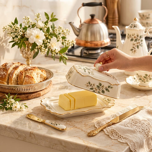 Botanical Gold-Rim Covered Butter Dish