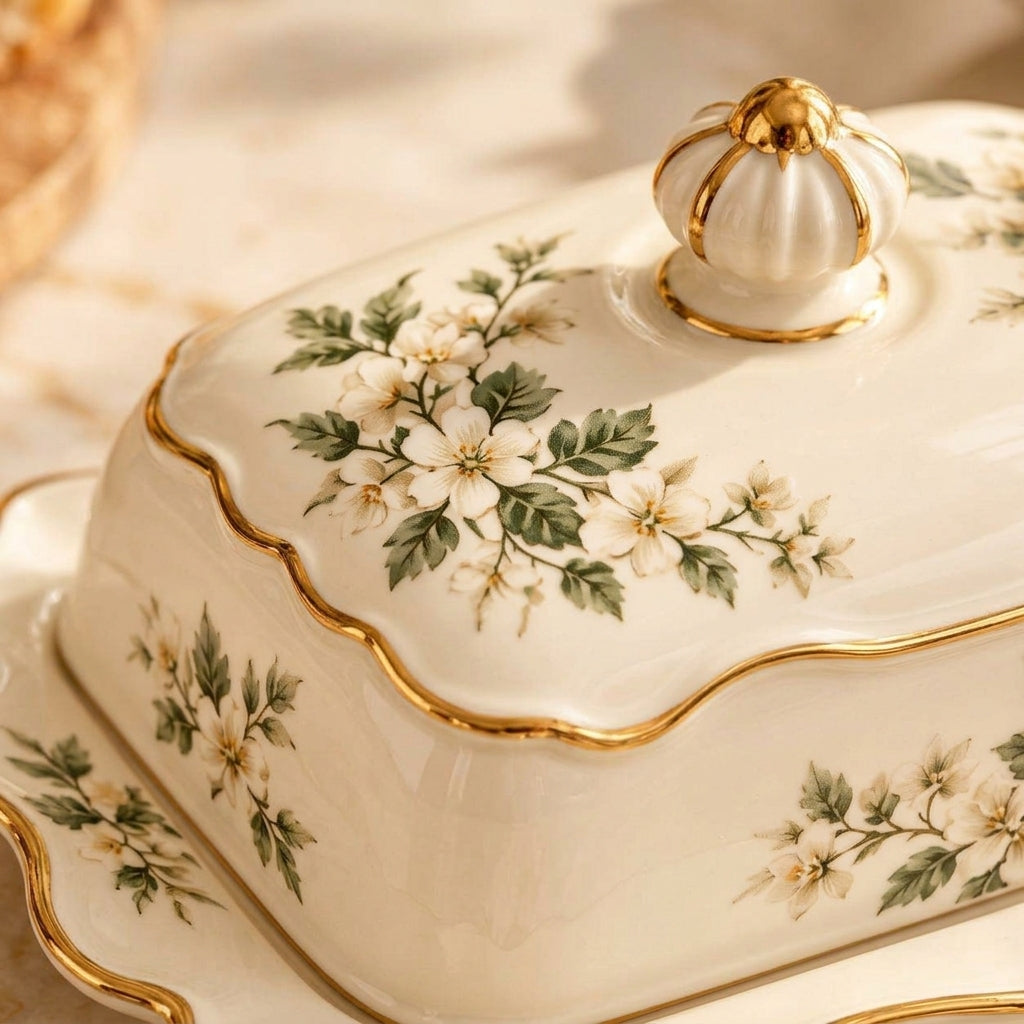 Botanical Gold-Rim Covered Butter Dish