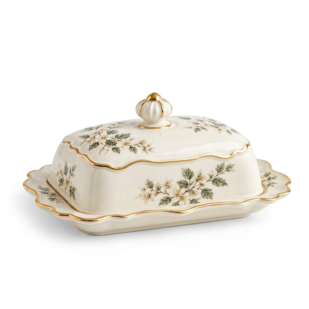 Botanical Gold-Rim Covered Butter Dish