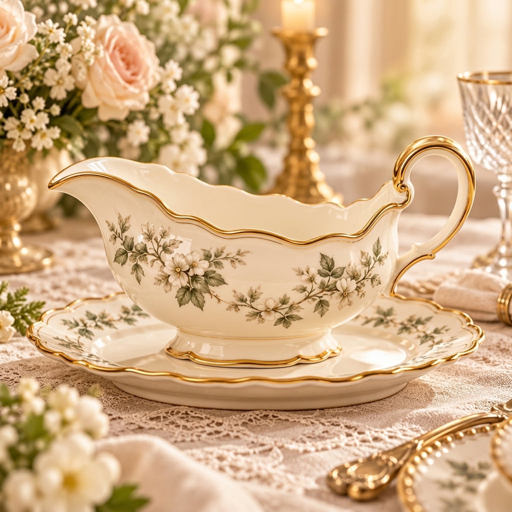 Botanical Gold-Rim Gravy Boat & Underplate