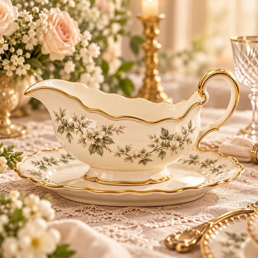 Botanical Gold-Rim Gravy Boat & Underplate