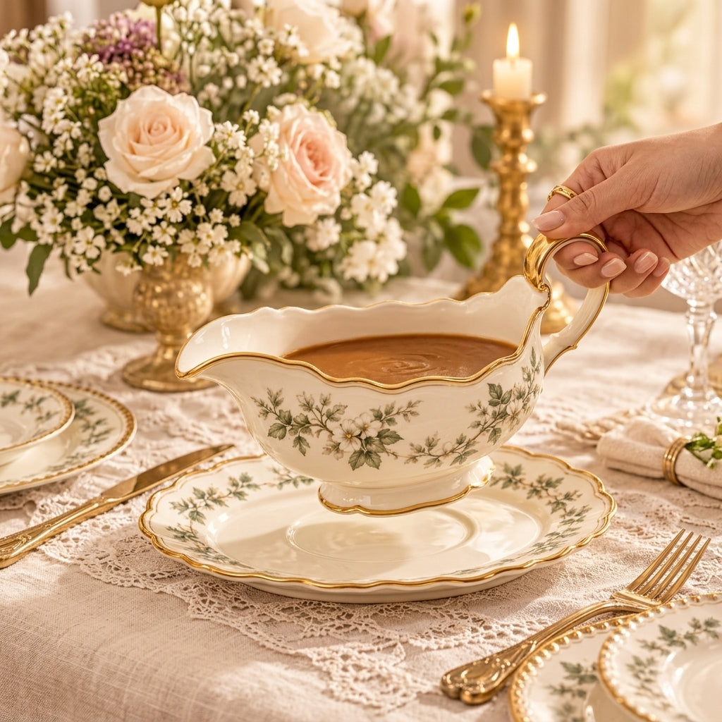 Botanical Gold-Rim Gravy Boat & Underplate