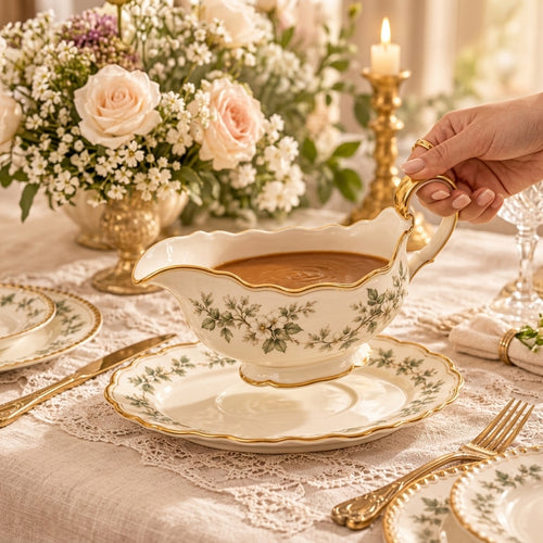 Botanical Gold-Rim Gravy Boat & Underplate
