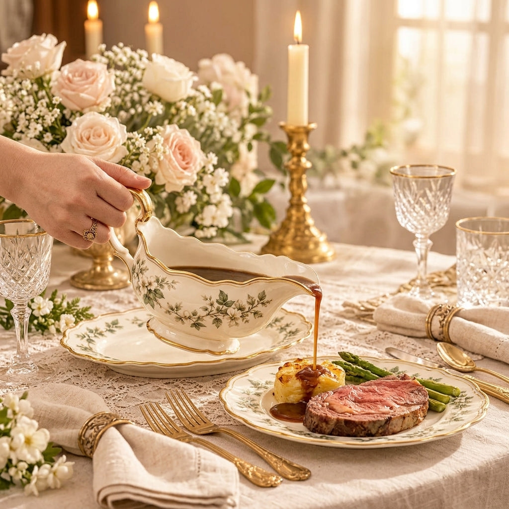 Botanical Gold-Rim Gravy Boat & Underplate