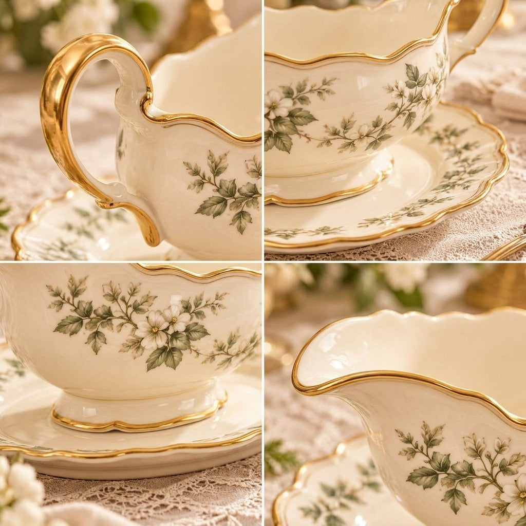 Botanical Gold-Rim Gravy Boat & Underplate