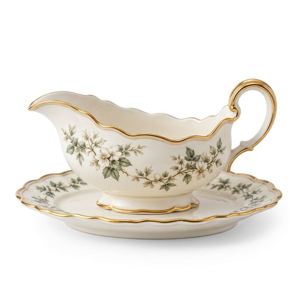 Botanical Gold-Rim Gravy Boat & Underplate
