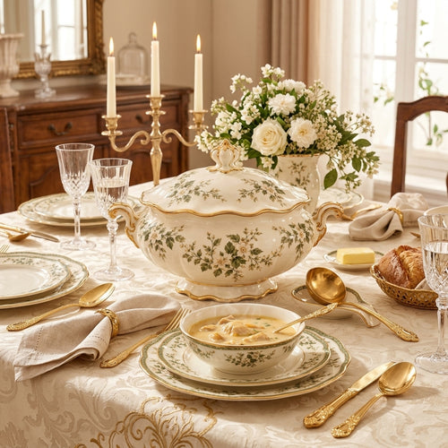Botanical Gold-Rim Covered Soup Tureen