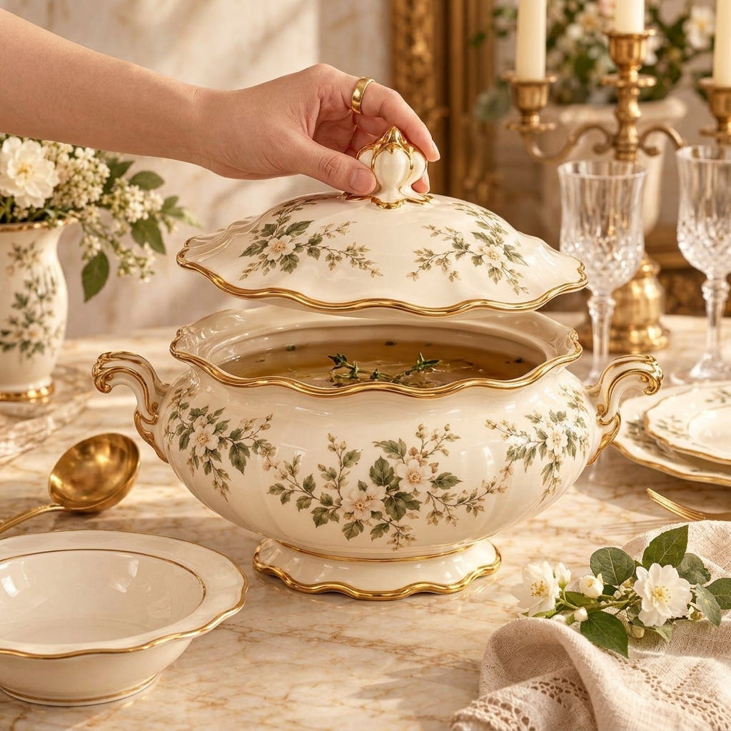 Botanical Gold-Rim Covered Soup Tureen