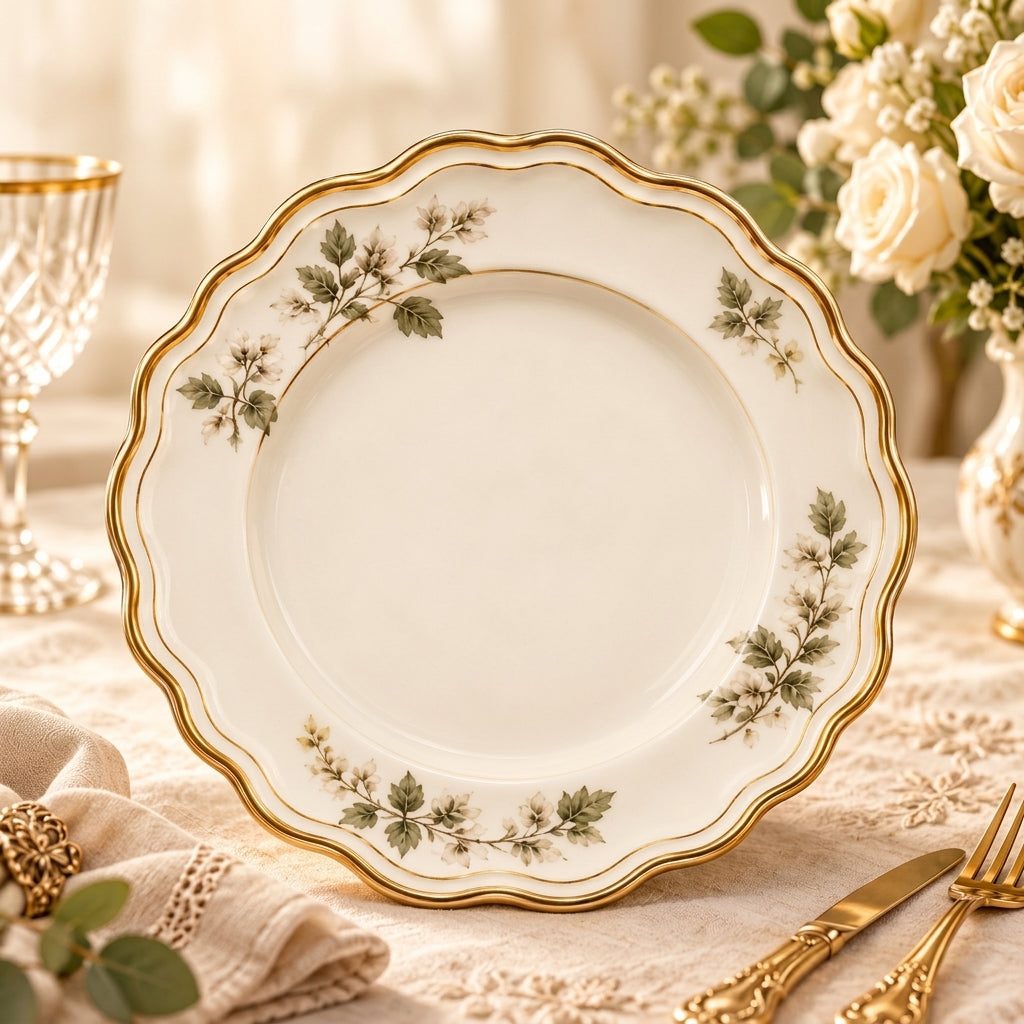 Botanical Gold-Rim Scalloped Dinner Plate