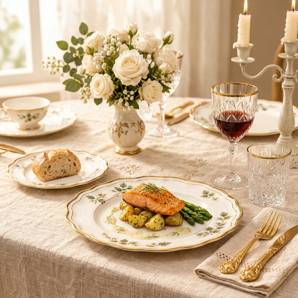 Botanical Gold-Rim Scalloped Dinner Plate