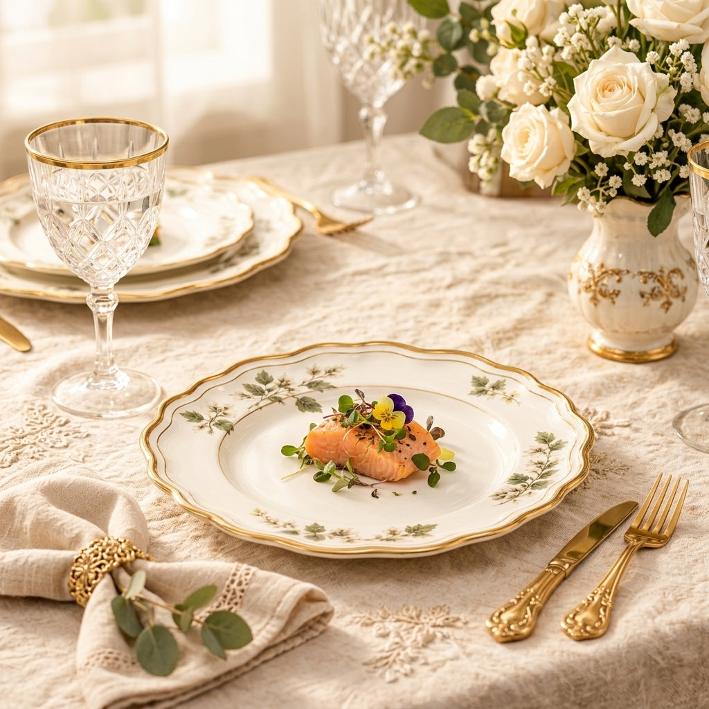 Botanical Gold-Rim Scalloped Dinner Plate