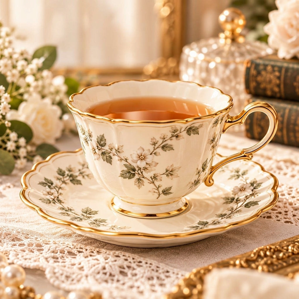 Botanical Gold-Rim Teacup & Saucer Set