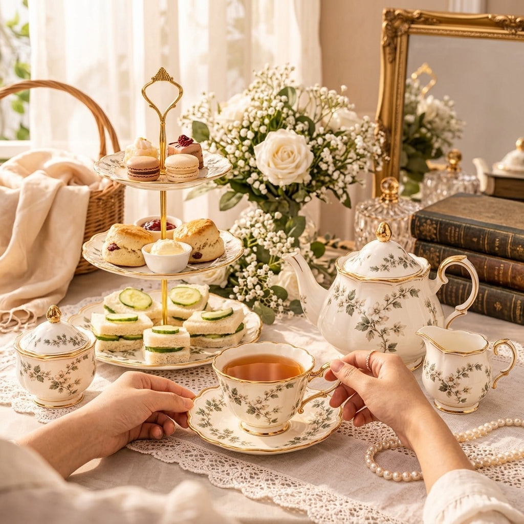 Botanical Gold-Rim Teacup & Saucer Set