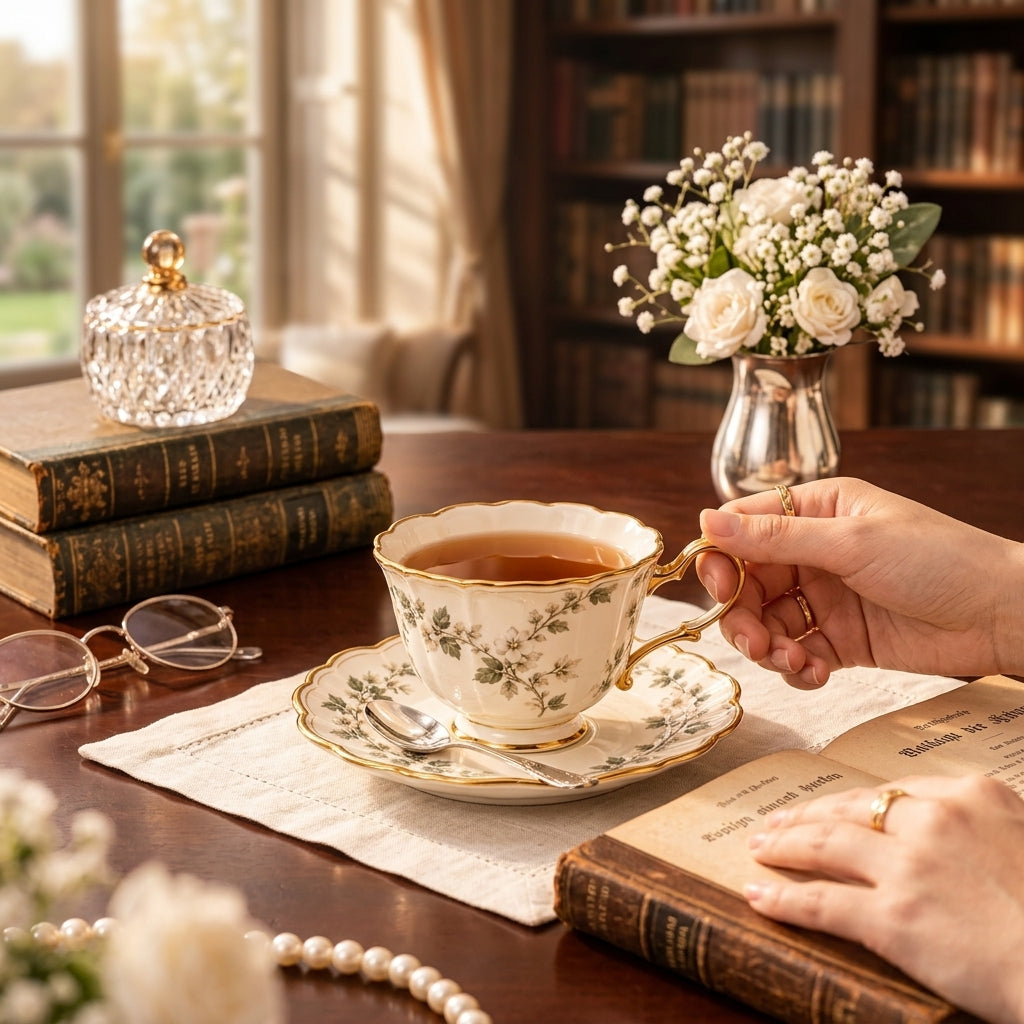 Botanical Gold-Rim Teacup & Saucer Set