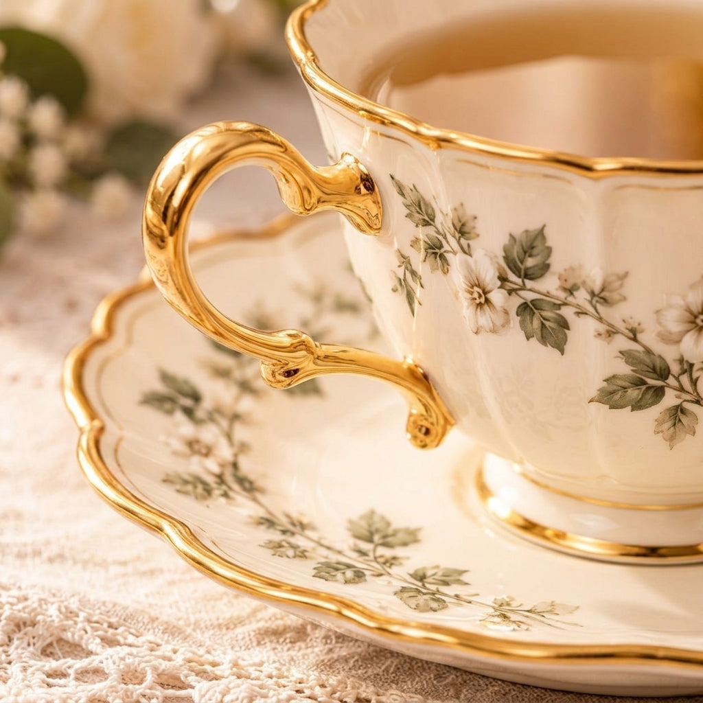 Botanical Gold-Rim Teacup & Saucer Set