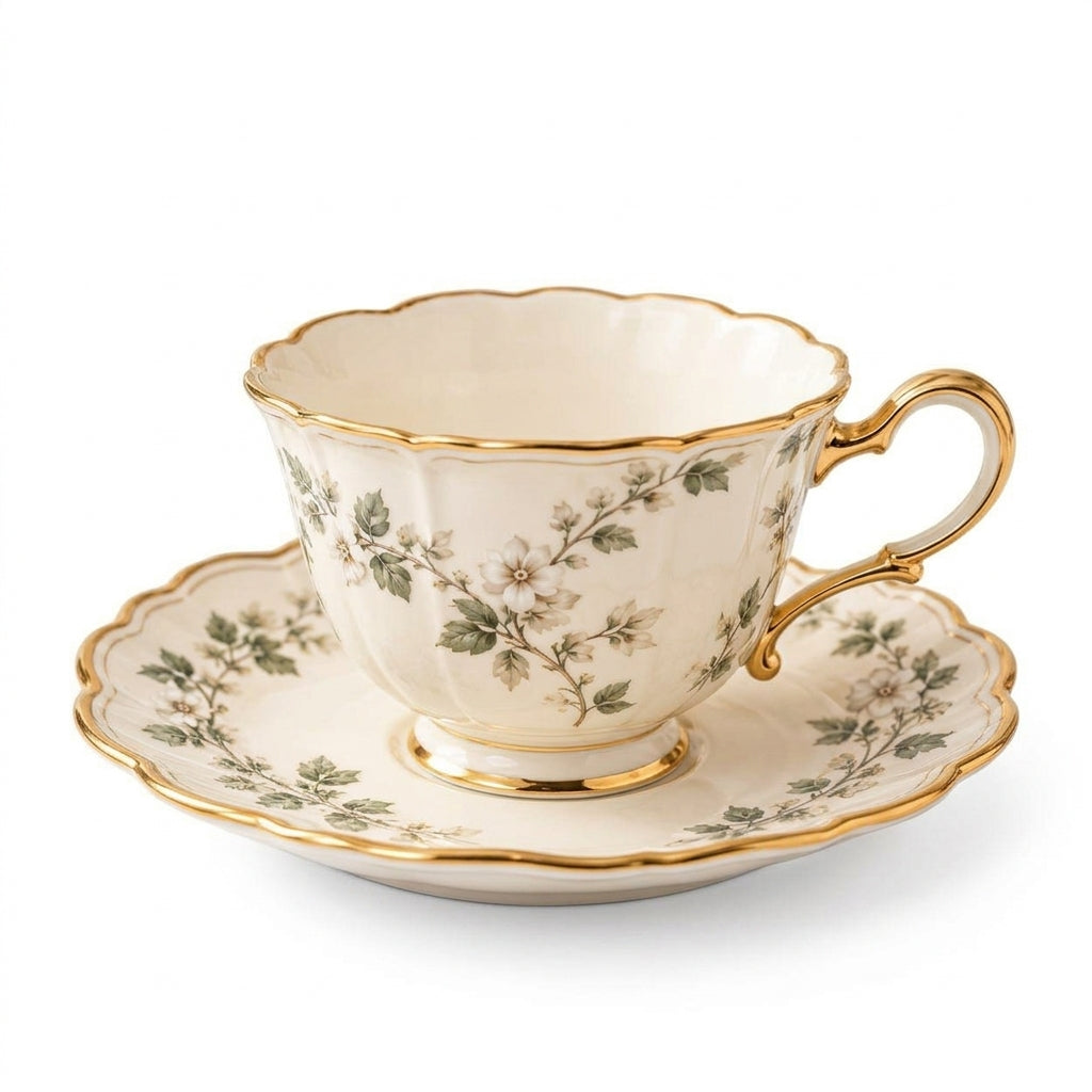 Botanical Gold-Rim Teacup & Saucer Set