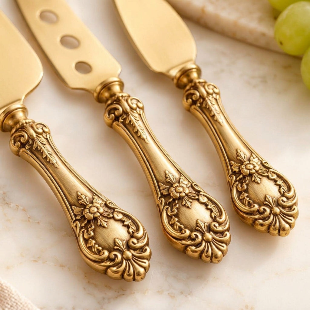 Ornate Gold-Tone Cheese Knife Set