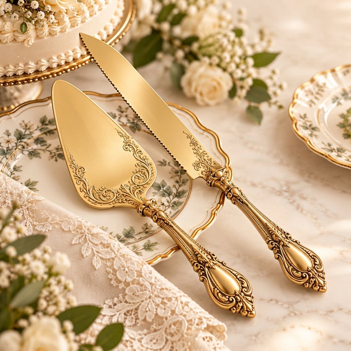 Ornate Gold-Tone Cake Server & Knife Set