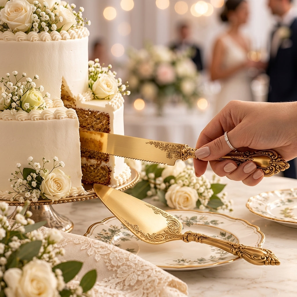 Ornate Gold-Tone Cake Server & Knife Set