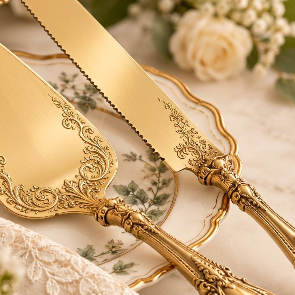Ornate Gold-Tone Cake Server & Knife Set