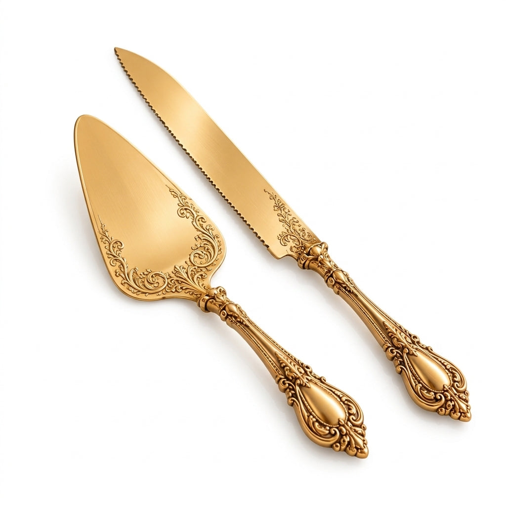 Ornate Gold-Tone Cake Server & Knife Set